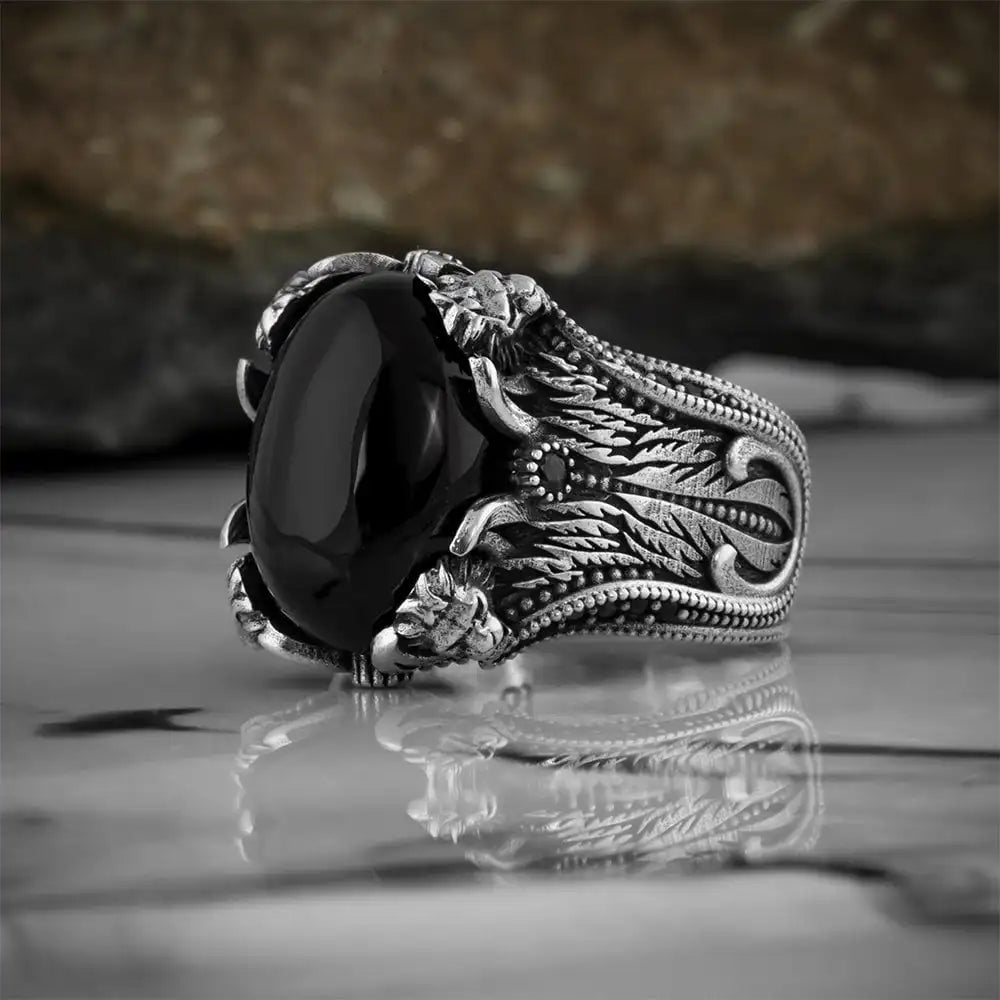 Azuris Turkish 925 Sterling Silver Men's Ring Ottoman Style Jewelry Natural Stone Black Made in Turkey VALKH1410