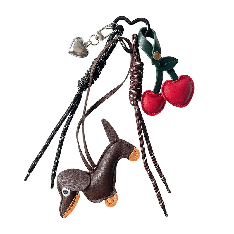 Mengda New Cartoon Leather Dachshund Cherry Color Woven Rope Bag Pendant Accessories Creative Bag Pendant