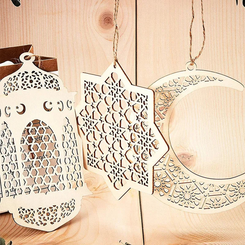 Pafu Ramadan Wooden Ornaments Hanging Hollow Pendant Moon Star Lantern Shape Party Festive Home Table Wall Decoration