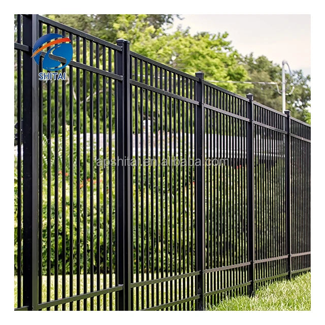 Waterproof Steel Garden Fence Security Steel Flat Top Fencing Wrought Iron Black Powder Coated Steel Flat Top Metal Fence