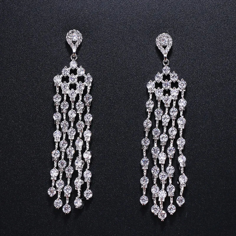 MOQ 2pcs Wholesale Jewelry Women Wedding Cubic Zirconia Tassel Long Bridal Earrings