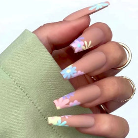 Factory Price Wholesale 24Pcs ABS Fake Nails Colorful Flower Long Ballerina Finger Nails Press on With Nail Glue Packaging Box