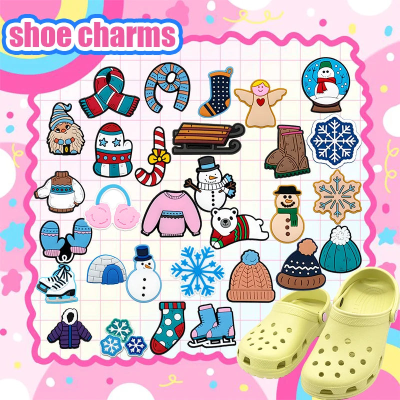 Customized Wholesale Cute Trinket Pvc Diy Clog Sandal Accessories Sled Blue Shoes Decorations Winter Sonwman Shoe Charms