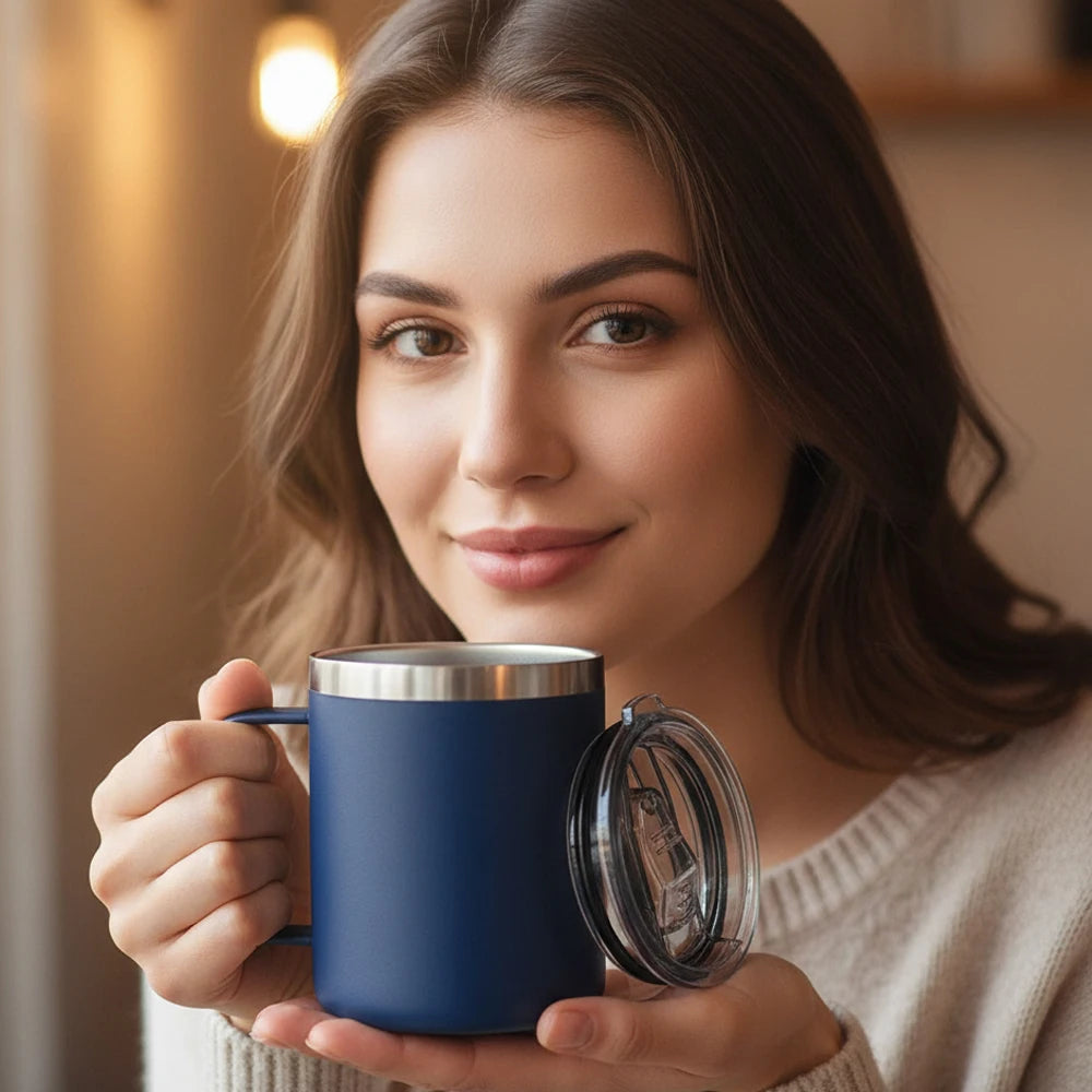 Stainless Steel Insulated Coffee Mug with Handle Double Wall Vacuum Travel Mug Tumbler Cup with Sliding Lid Navy