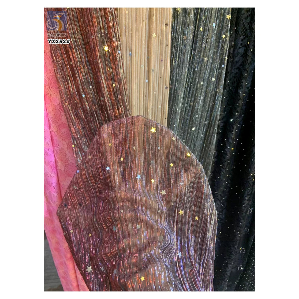 YX252 Luxurious New Design 100%Polyester Rib Knitted Glitter Lurex Fabric With Star and Moon Sequin Embroidery MegaBDM