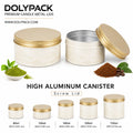 Factory Direct aluminum tea powder canister in ivory and gold custom printed motif design with screw lid for matcha tea coffee MegaBDM