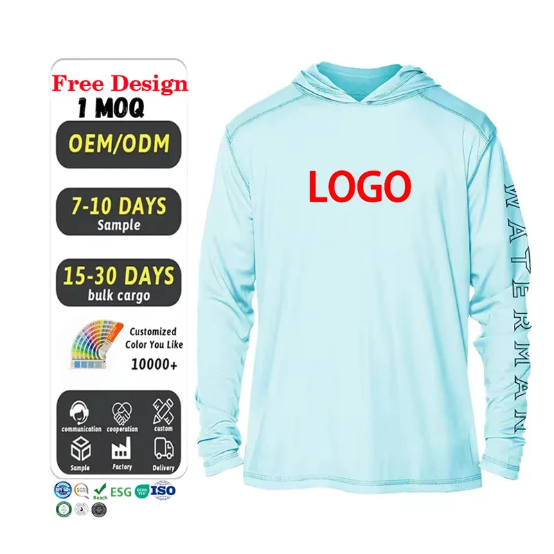 Wholesale Custom Logo Long Sleeve Fishing Shirt with SPF UPF 50 Breathable Polyester UV Sun Protection Fishing Hoodie for Men