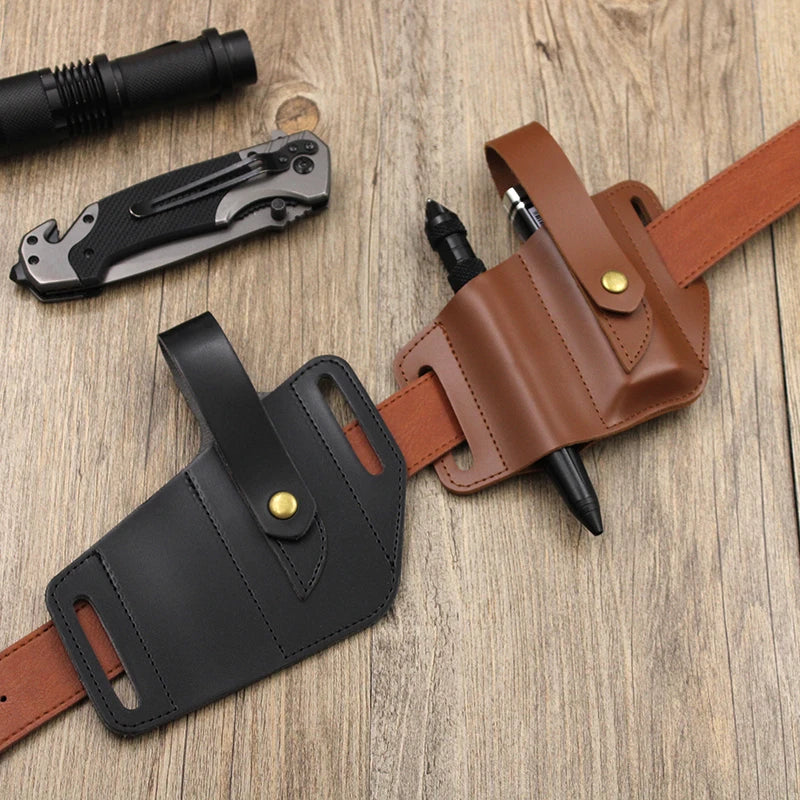 In Stock Premium PU Leather Flashlight Sheath Portable Outdoor Multi Tool Pouch Tactical Knife Belt Bag for Camping Hiking