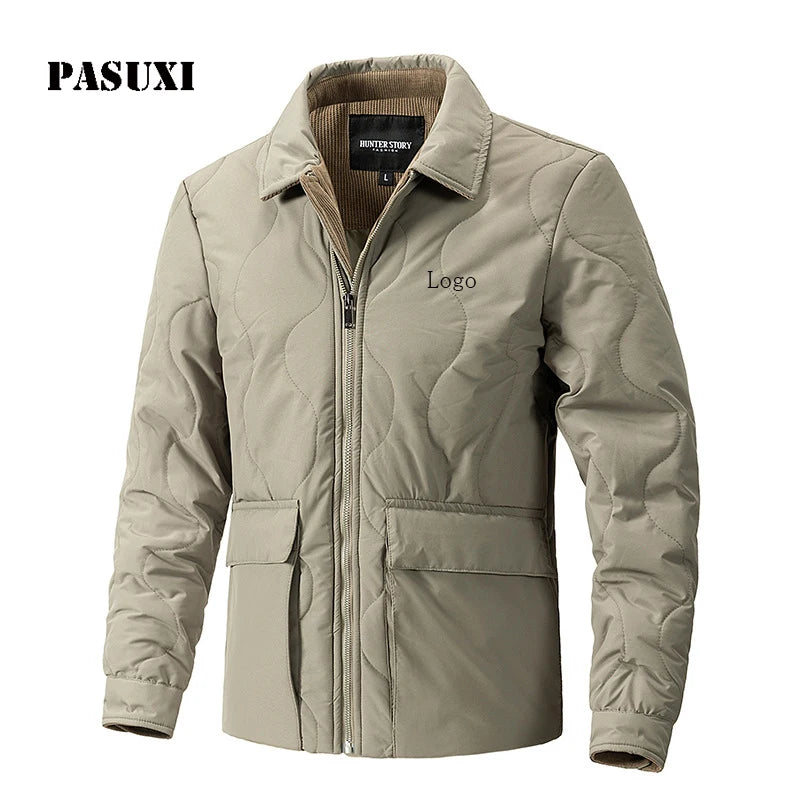 PASUXI Men's Corduroy Bomber Jacket Stand Collar Fleece Lined Winter Warm Loose Casual Coat