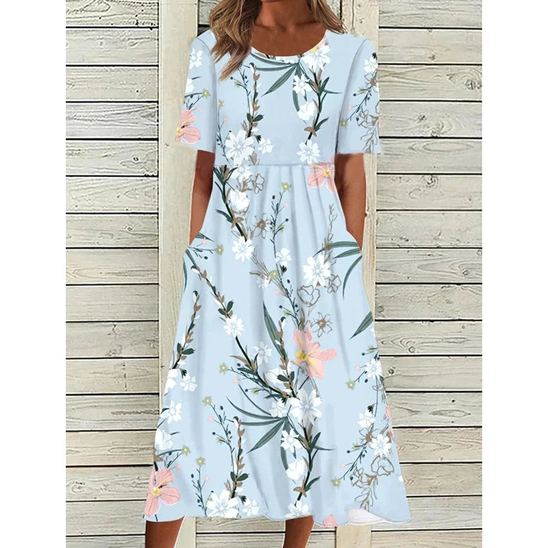 2025 Cross-Border Summer New Style Women's Casual Dress: Mid-Rise Round Neck Printed Flared Silhouette
