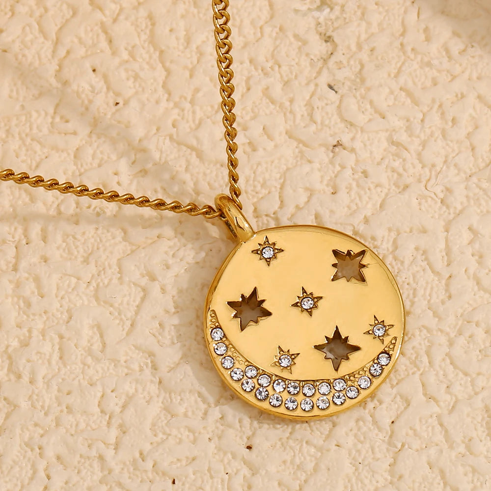 Dreamshow Zircon Jewelry Hollow Octet Moon Pendant Necklace Fashion Gold Plated Stainless Steel Women Jewelry MegaBDM