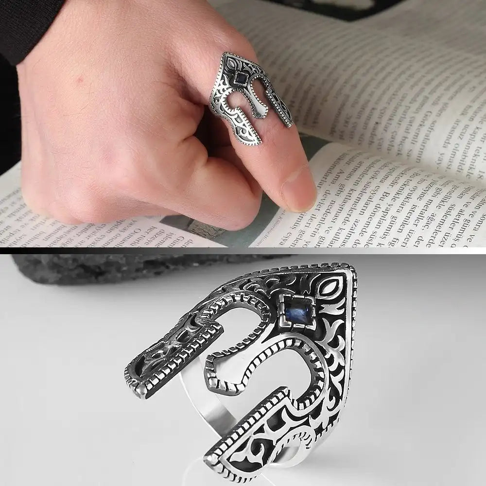 Azuris Turkish 925 Sterling Silver Men's Ottoman Style Ring with Natural Agate Stone Model VALKH1238