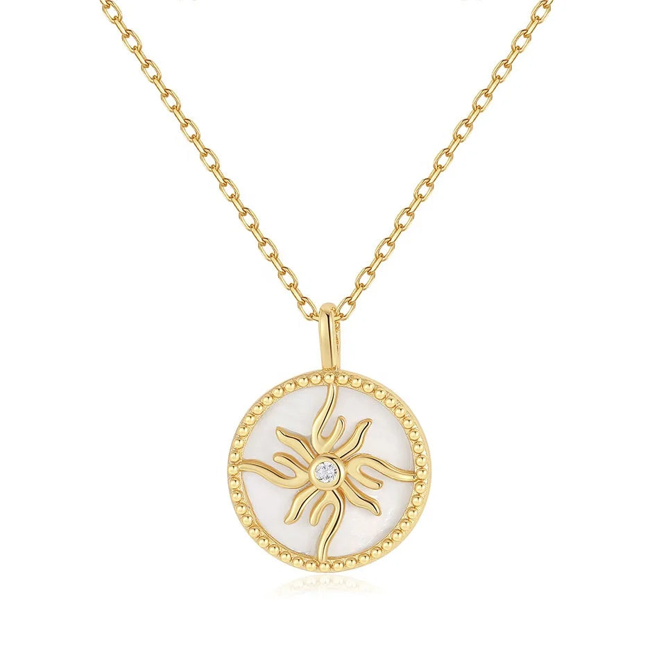 Nagosa Unique Design 18k Gold Vermeil 925 Sterling Silver Mother of Pearl Pendant Round Sunburst Pendant Necklaces for Women