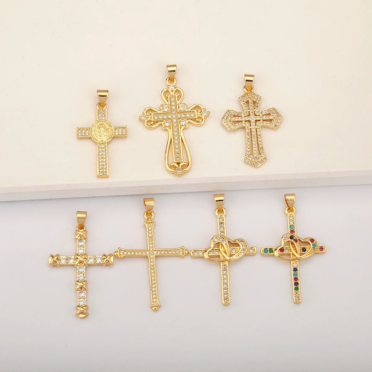 QIKU Cross Charms for Jewelry Making Gold Filled Crucifix Pendant Accessories Retro Gold-Plated Religious Zircon Charms