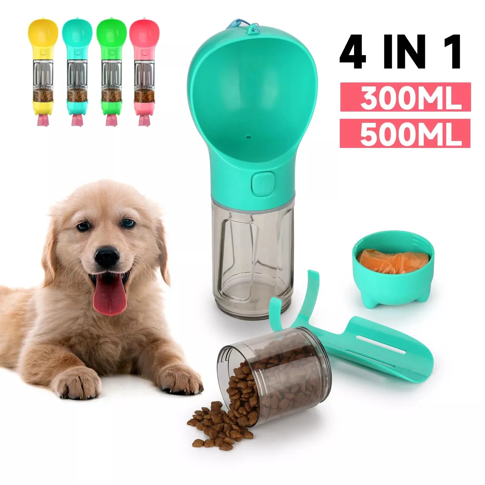 4 in 1 Multifunction Dog Travel Water Bottle 300ml 500ml 2025 Portable Dispenser with Food Bowl for Dogs