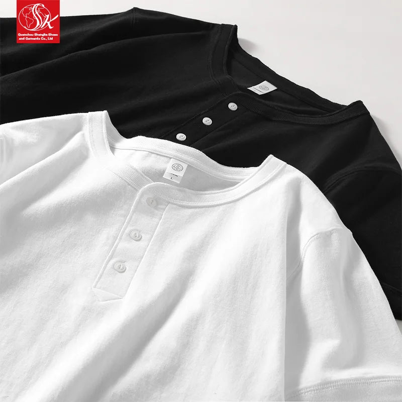 SK Vintage Fashion T-Shirts 250gsm 100% Cotton Henley Collar English Gentleman Style Heavyweight Tee Loose Solid Blank