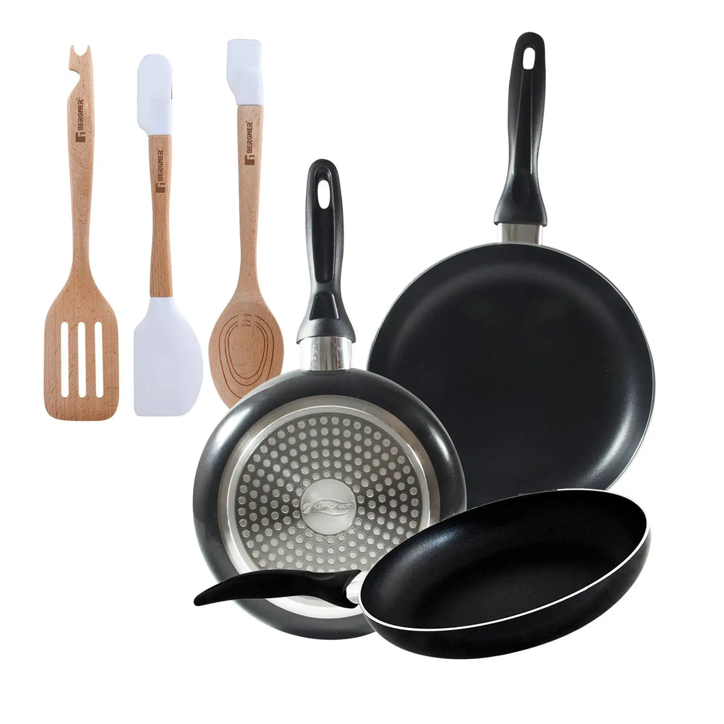 Set of 3 San Ignacio frying pans (16 20 24cm) pressed aluminum suitable for induction + Set of 3 kitchen utensils in
