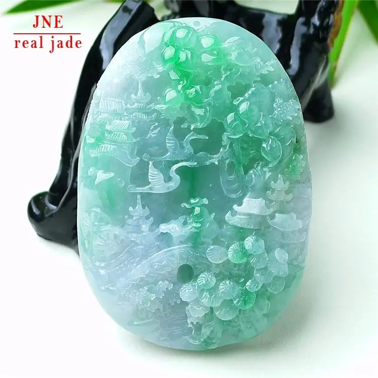 Myanmar a Type Carved Character Landscape  Jade Pendant Ice-Like Positive Color Landscape Pendant Emerald Pendant 84.10