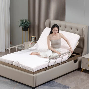 Modern Slat Wooden Electric Adjustable Bed with Handrail Massage Storage & Foldable Design