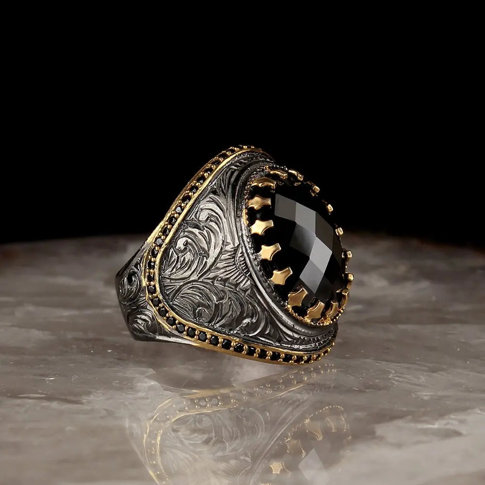 Wholesale 925 Sterling Ottoman Style Men's Ring Bi-Color Rhodium and Gold Made in Turkey