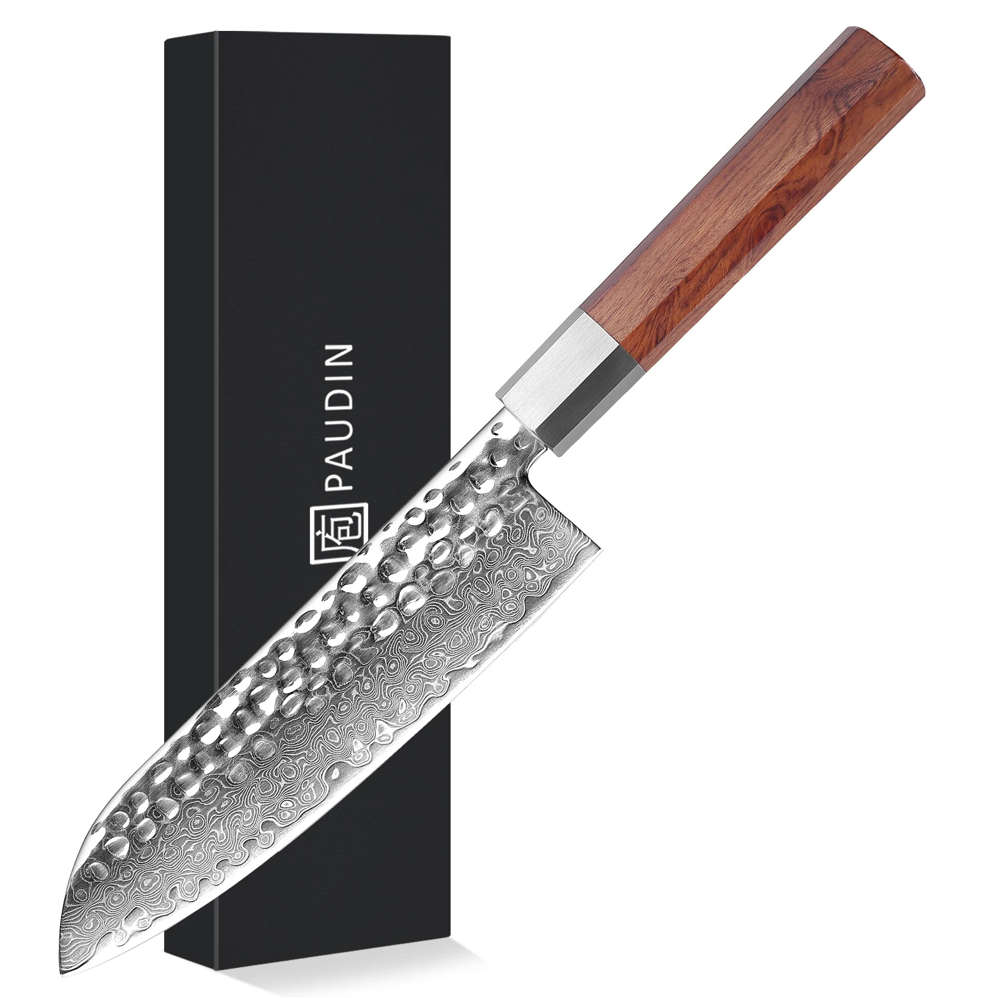 Paudin 7 Inches Kitchen Knife 67 Layers Damascus Kitchen Knives Sharp Cuibourtia Handle Wood Handle Santoku Knife 7"