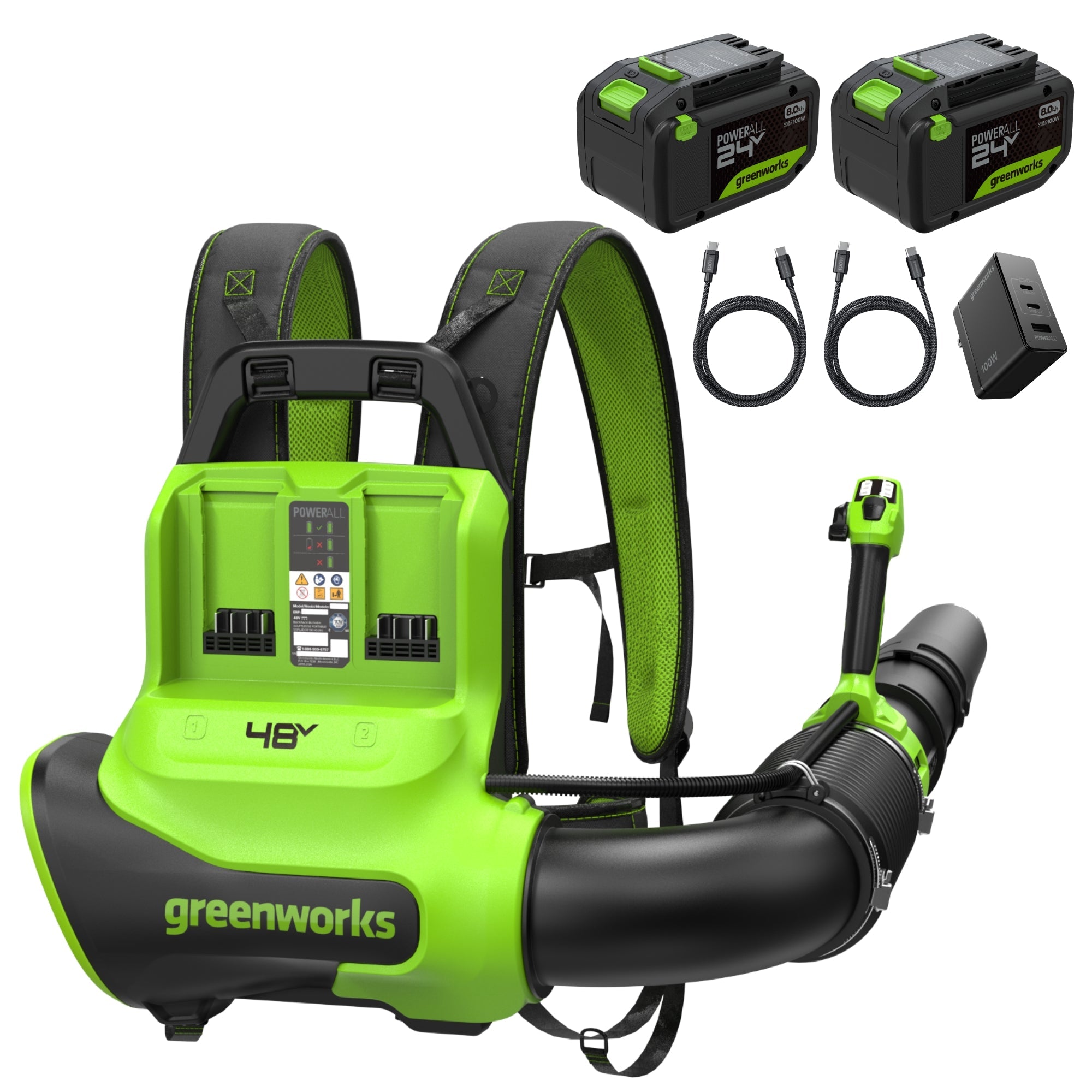 48V (24V x 2) 730 CFM Cordless Battery Dual-Port Backpack Blower: (2) 8.0 Ah Battery, 100W Charger and (2) 3-Ft Cables MegaBDM