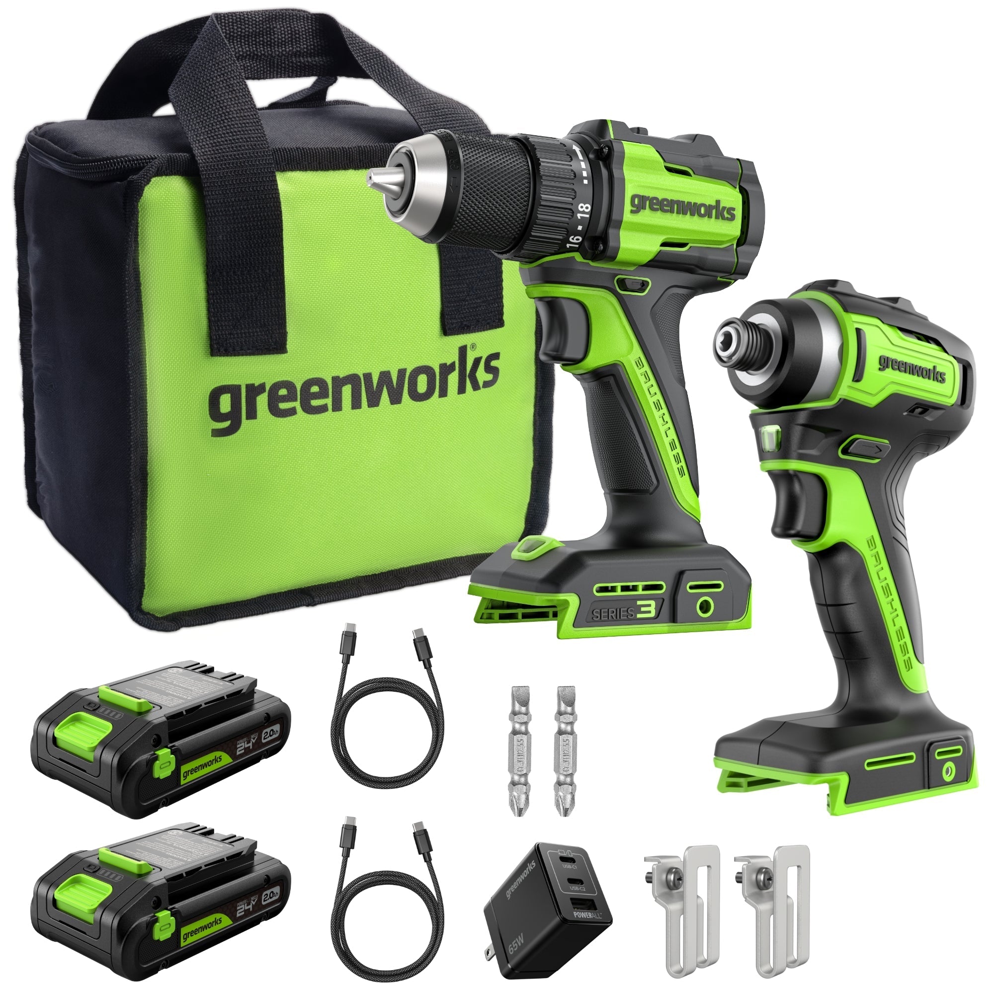 24V Cordless Battery 400 in-lbs Drill / Driver and 1950 in-lbs Impact Driver, Two(2) 2.0 Ah USB-C Batteries and 65W USB-C Fast Charger MegaBDM