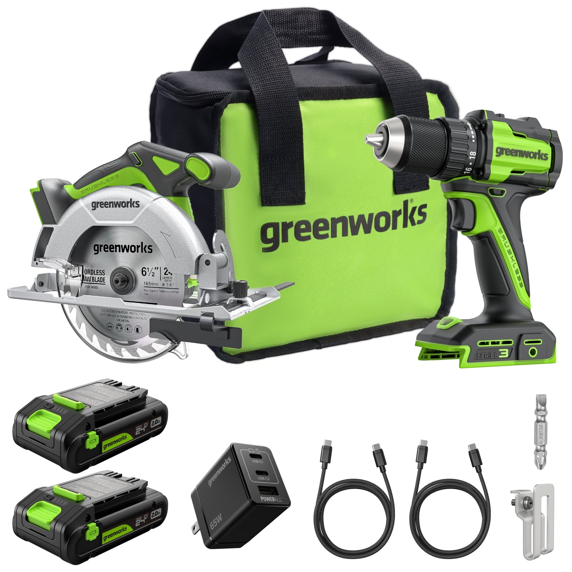 24V Brushless 1/2" 400 in/lbs Drill / Driver and 6.5" Circular Saw Combo Kit w/ (2) 2.0Ah USB-C Batteries and 65W USB-C Fast Charger MegaBDM