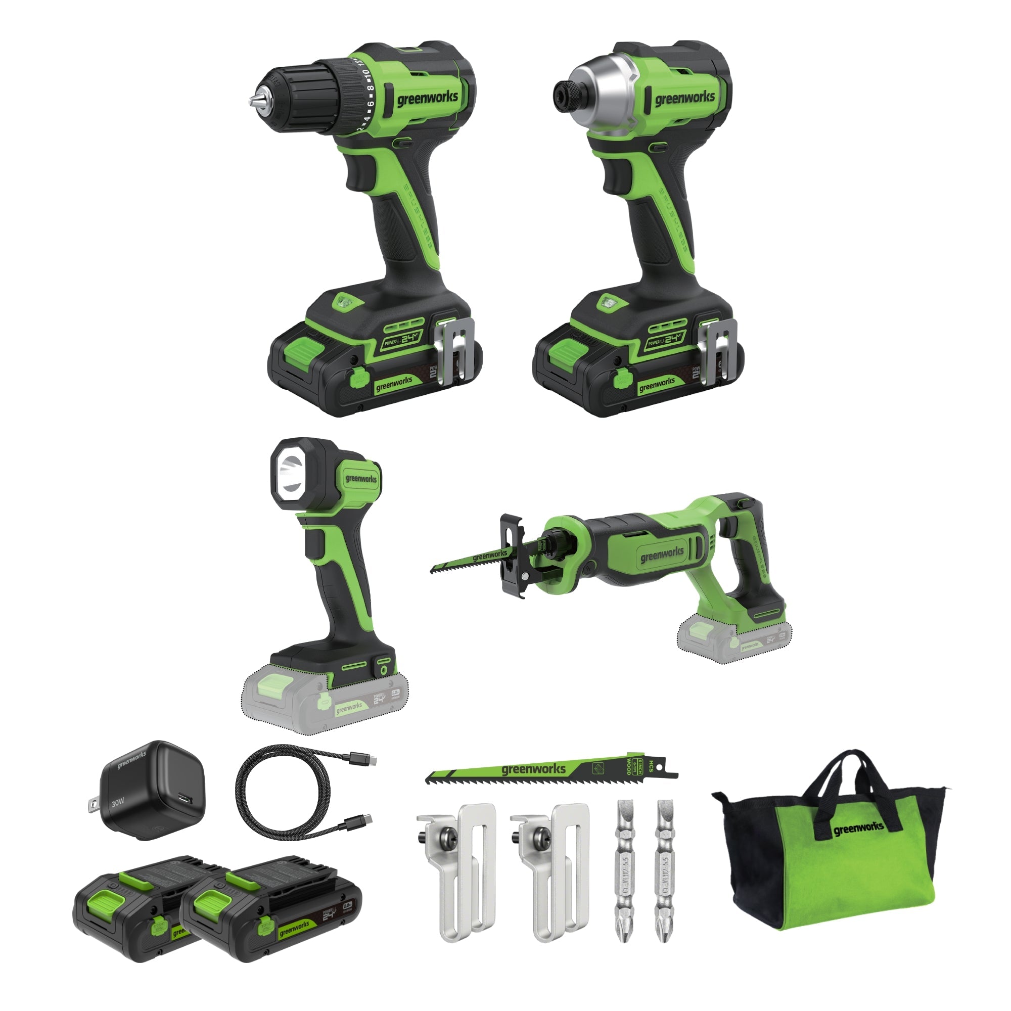 24V PowerAll 4-Tool Combo Kit: (2) 2.0 Ah USB-C Batteries, 30W USB-C Charger Block, and 3' 100W USB-C Cable MegaBDM