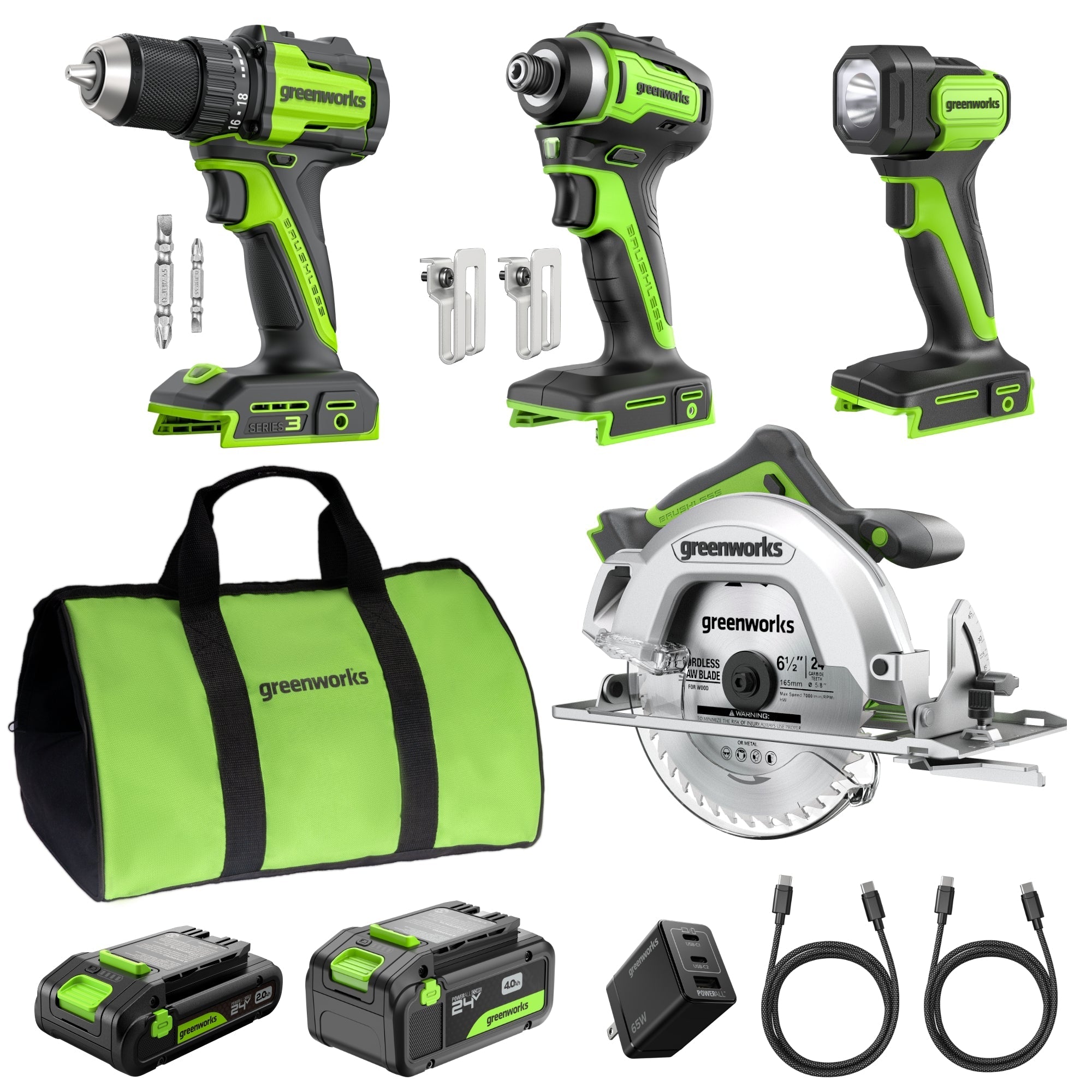 24V Brushless Power Tool 4PC Combo Kit, (1) 4.0 Ah and (1) 2.0 Ah USB-C Batteries and 65W USB-C Fast Charger MegaBDM