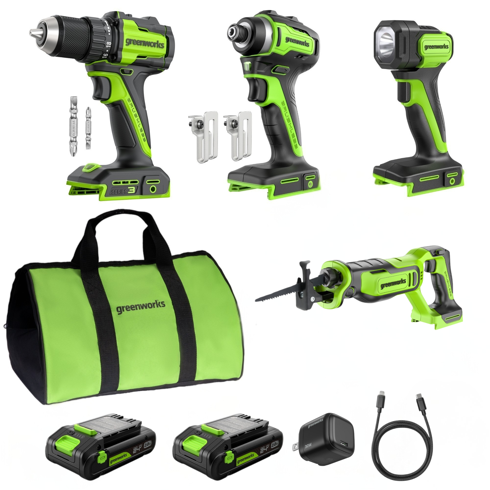 24V Brushless Power Tool 4PC Combo Kit: (2) 2.0 Ah USB-C Batteries and 30W USB-C Fast Charger MegaBDM