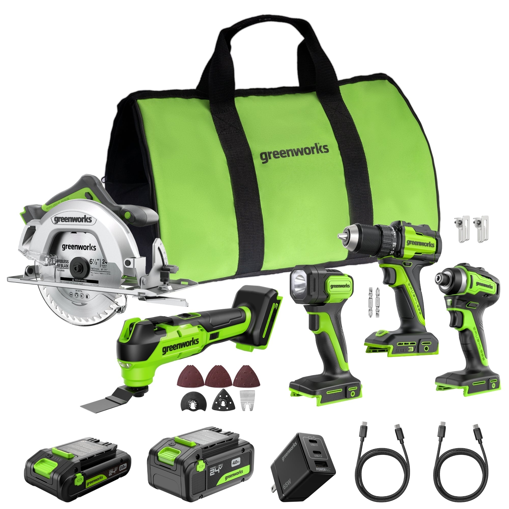 24V Brushless Power Tool 5PC Combo Kit, (1) 4.0 Ah and (1) 2.0 Ah USB-C Batteries and Charger MegaBDM