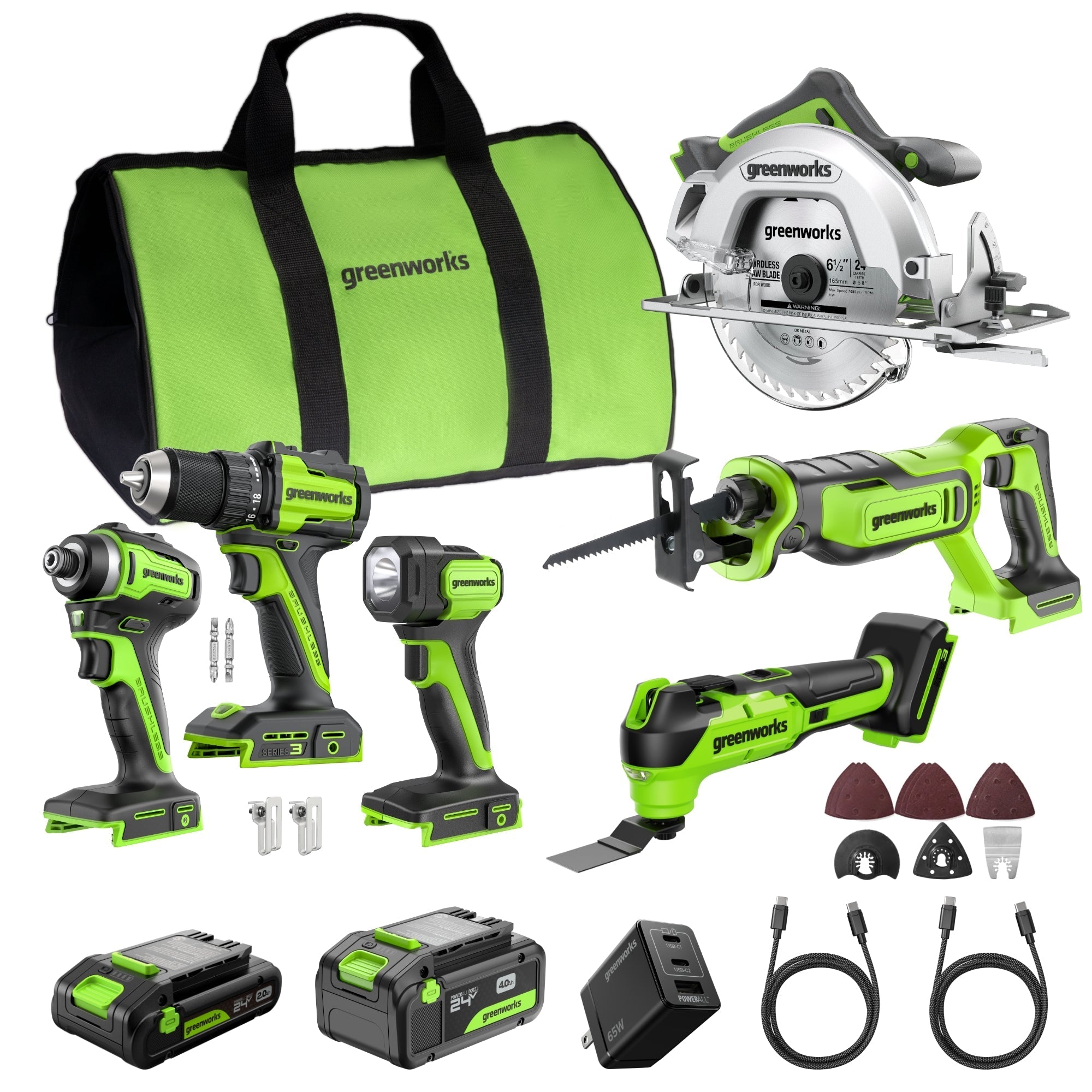 24V Brushless Power Tool 6PC Combo Kit w/ (1) 4.0Ah & (1) 2.0Ah USB-C Batteries and Charger MegaBDM