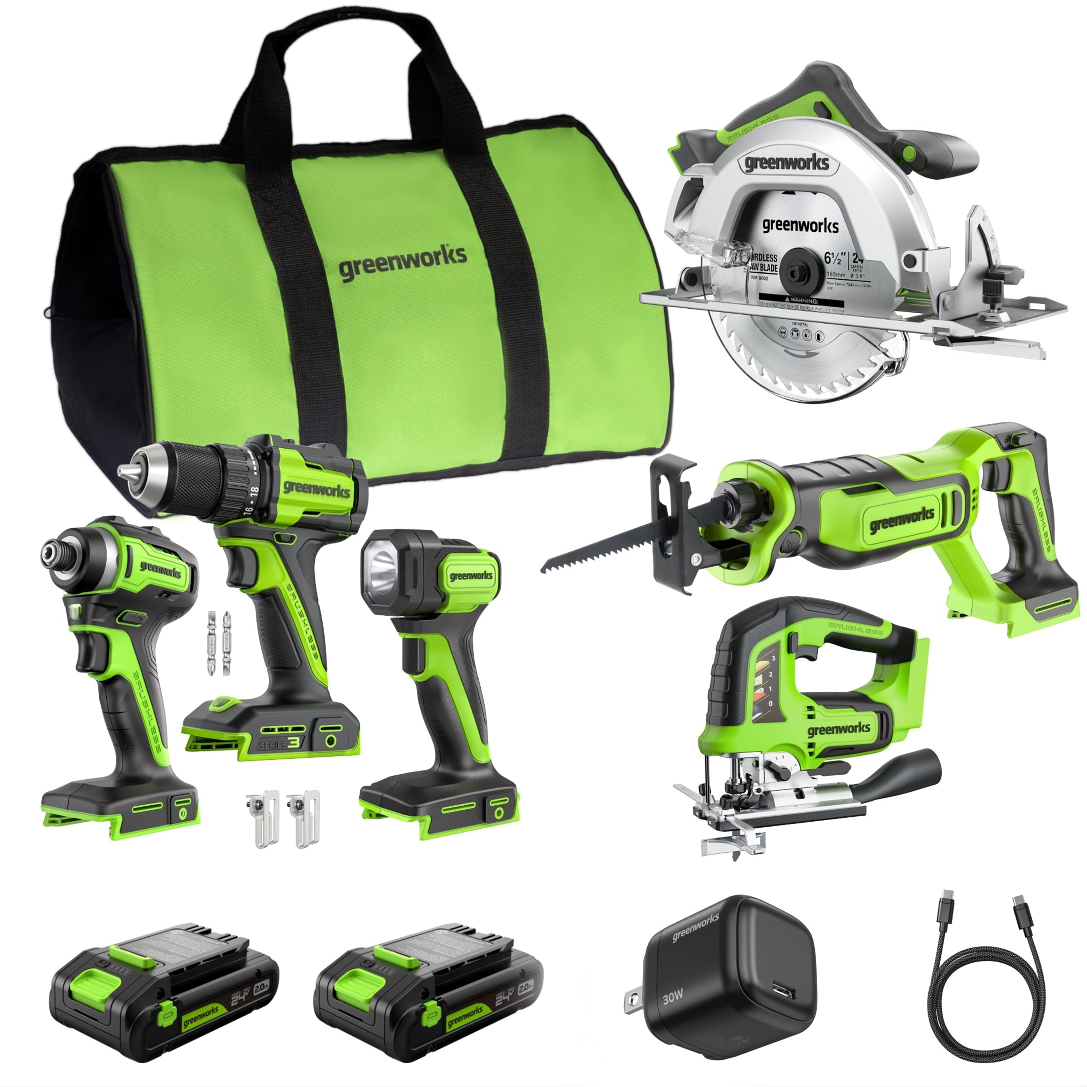 24V Brushless Power Tool 6PC Combo Kit: (2) 2.0 Ah USB-C Batteries and 30W Charger MegaBDM