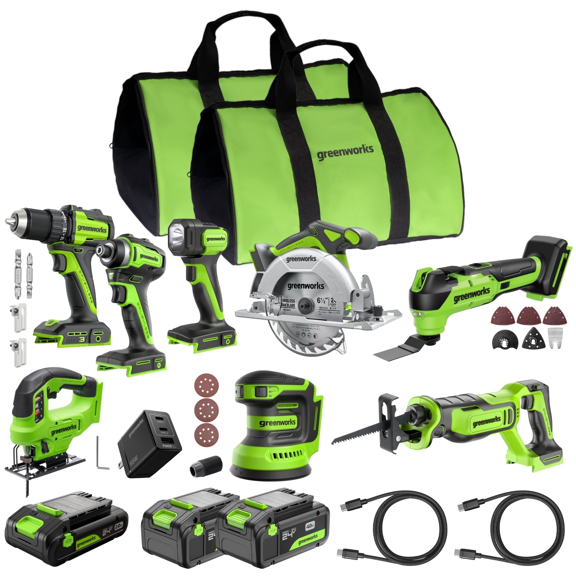 24V Brushless Power Tool 8PC Combo Kit: (2) 4.0 Ah and (1) 2.0 Ah USB-C Batteries and Charger MegaBDM