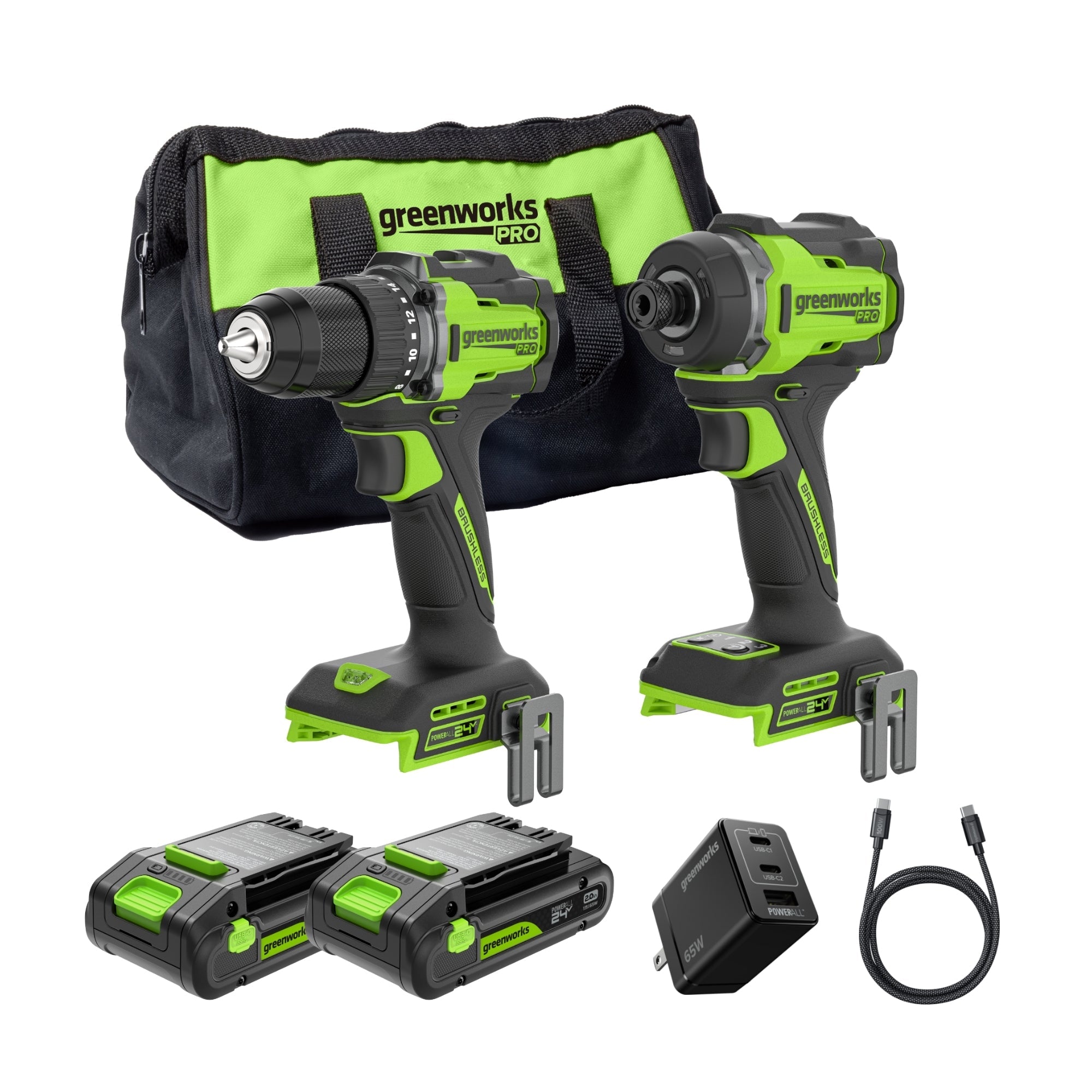 24V PowerAll Pro 530 in-lb Drill Driver and 2,200 in-lb Impact Driver Combo Kit, with (2) 2.0 Ah Batteries, 65W Charger, 3' Cable, Belt Clips, and Carrying Bag MegaBDM