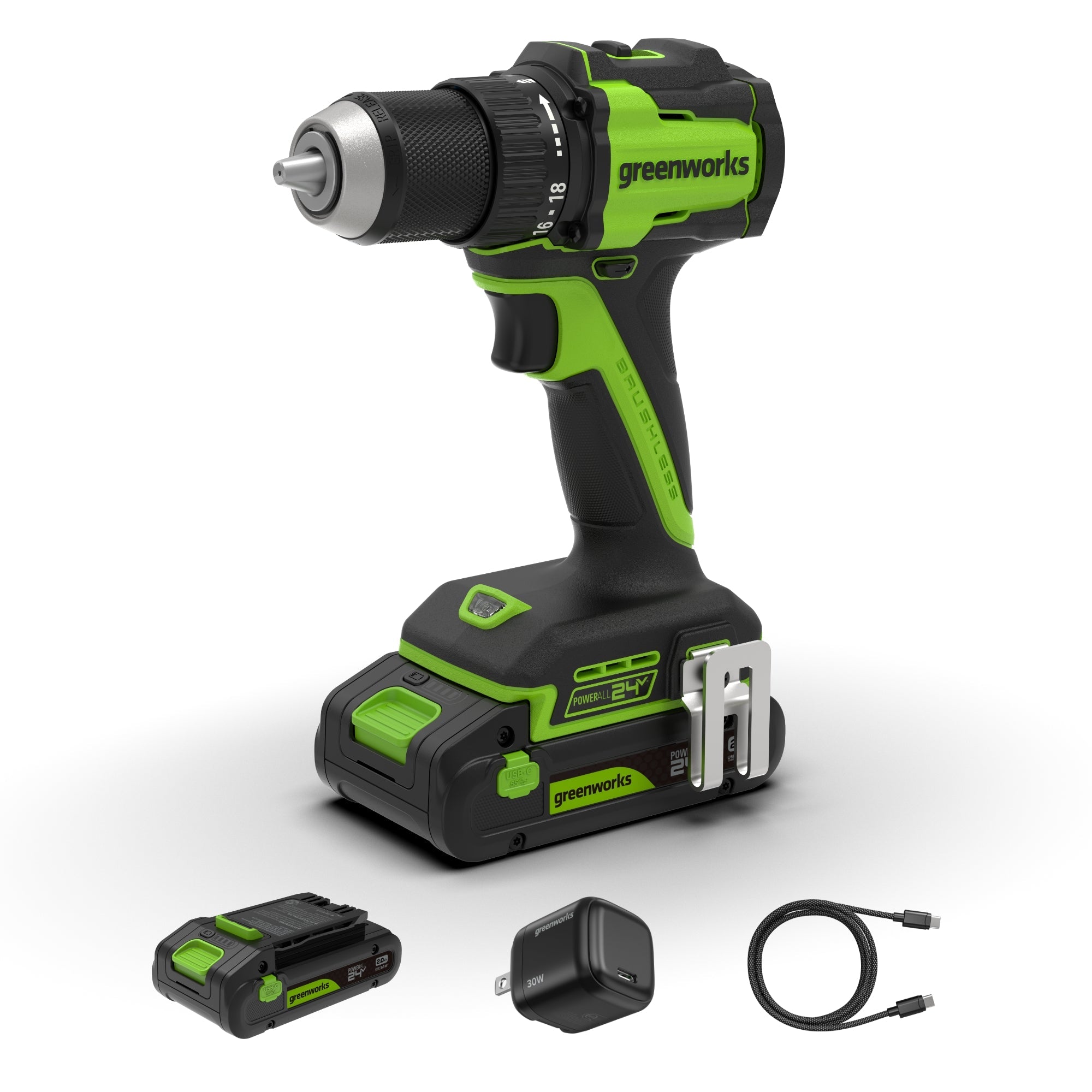 24V PowerAll 400 in-lb Drill Driver with (1) 2.0 Ah USB-C Battery, 30W USB-C Charger Block, 3' 100W USB-C Cable, Belt Clip, and Bit MegaBDM