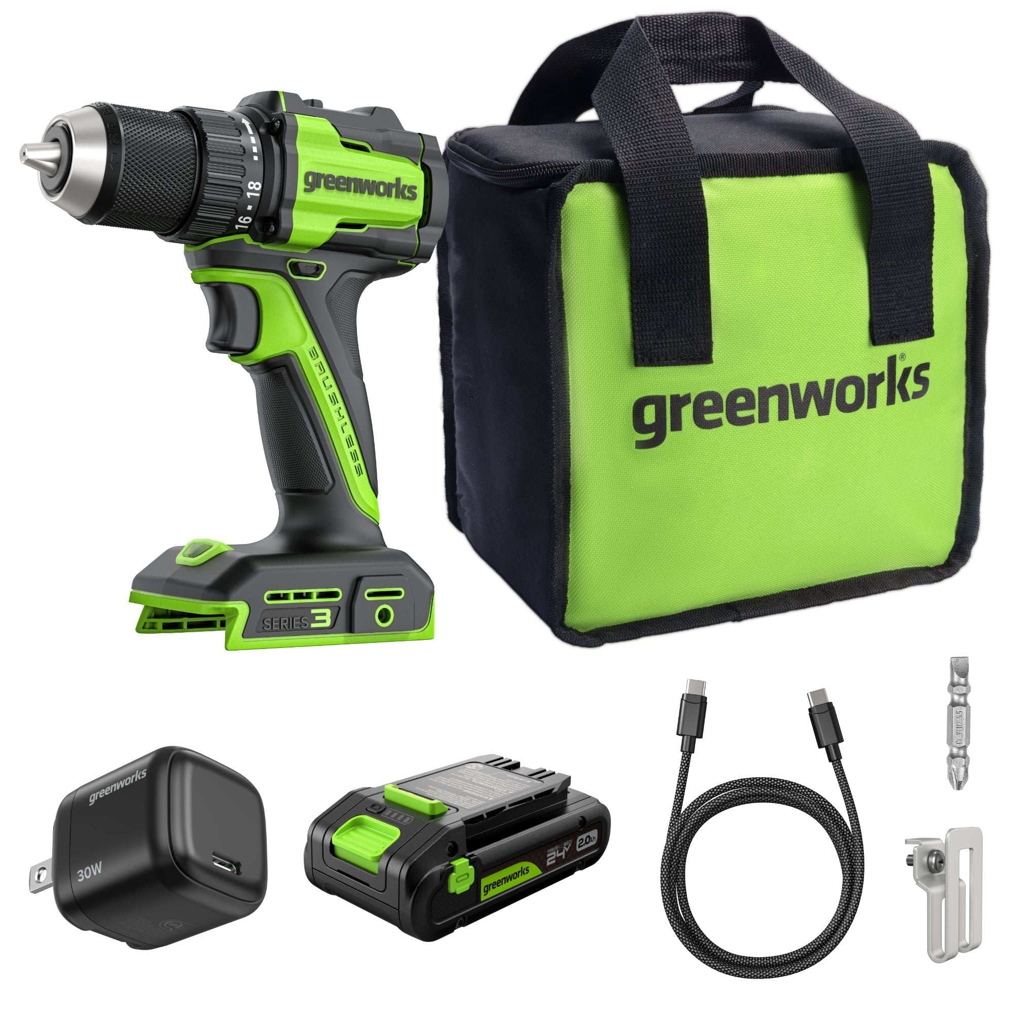 24V Cordless Battery 1/2" 400 in/lbs Drill Driver: 2.0 Ah USB-C Battery and 30W USB-C Fast Charger MegaBDM