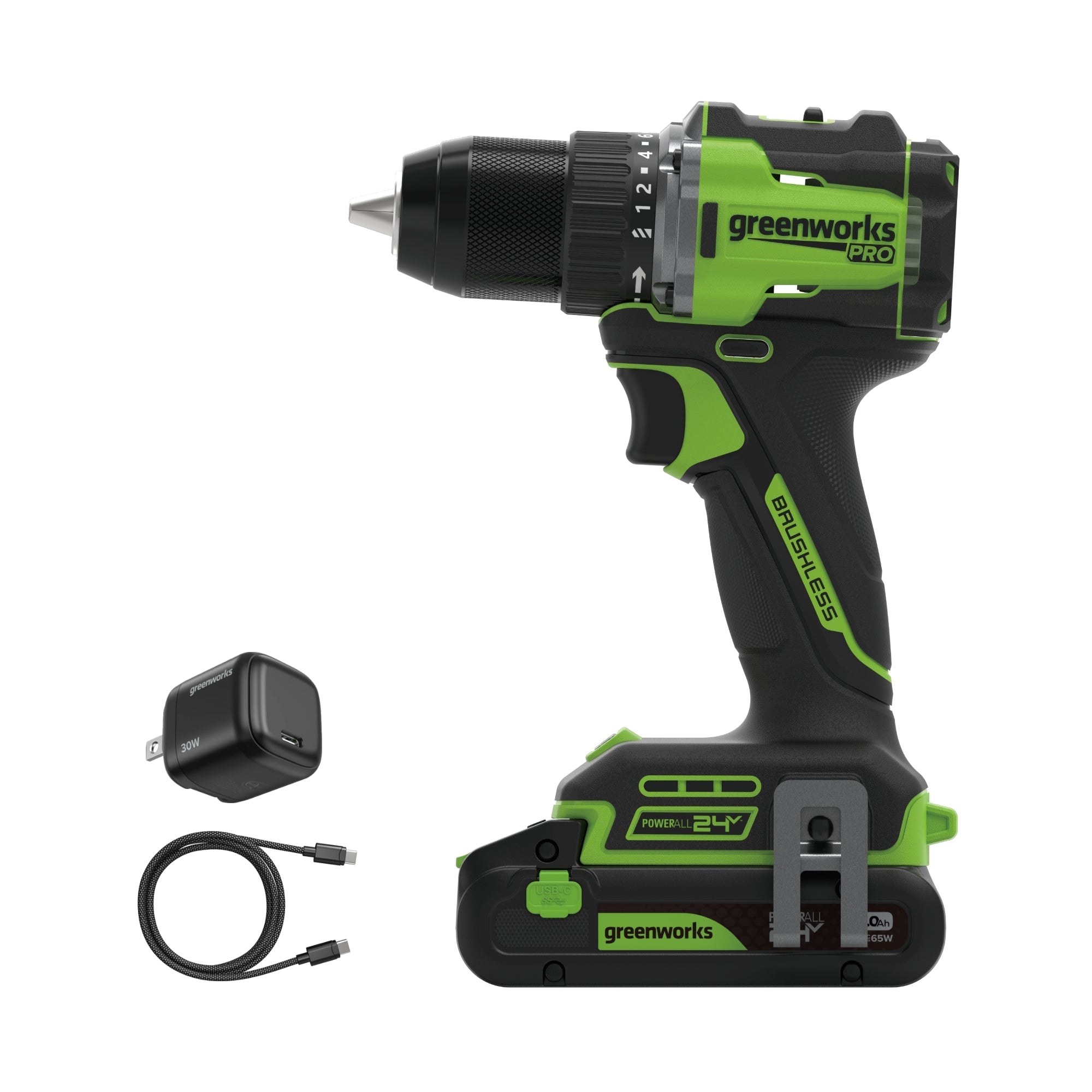 24V PowerAll Pro 1/2" 530 in-lb Drill Driver, with 2.0 Ah USB-C Battery, 30W USB-C Charger Block, 3' 100W USB-C Cable MegaBDM
