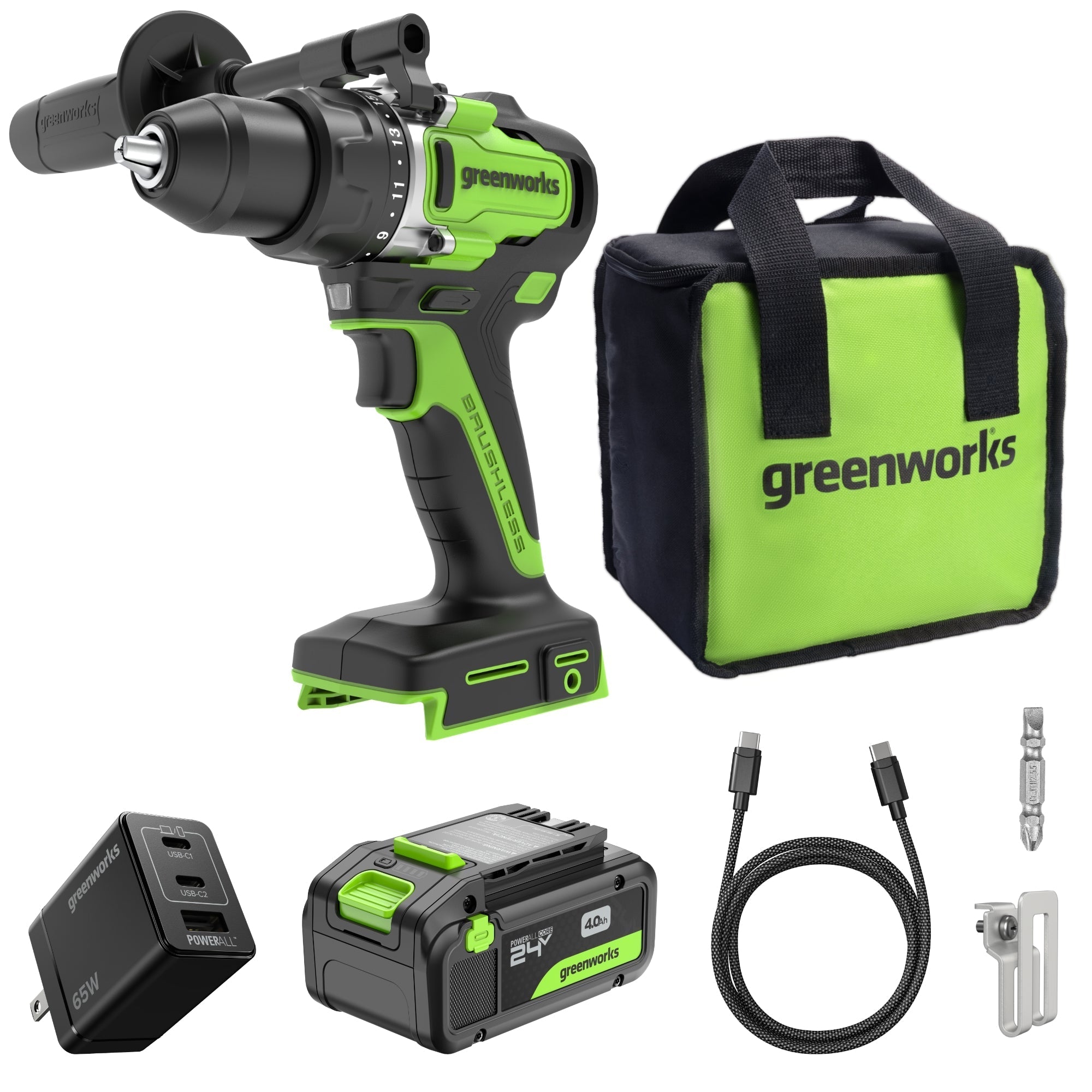 24V Cordless Battery 1/2" 800 in/lbs Drill Driver: 4.0 Ah USB-C Battery and 65W USB-C Fast Charger MegaBDM