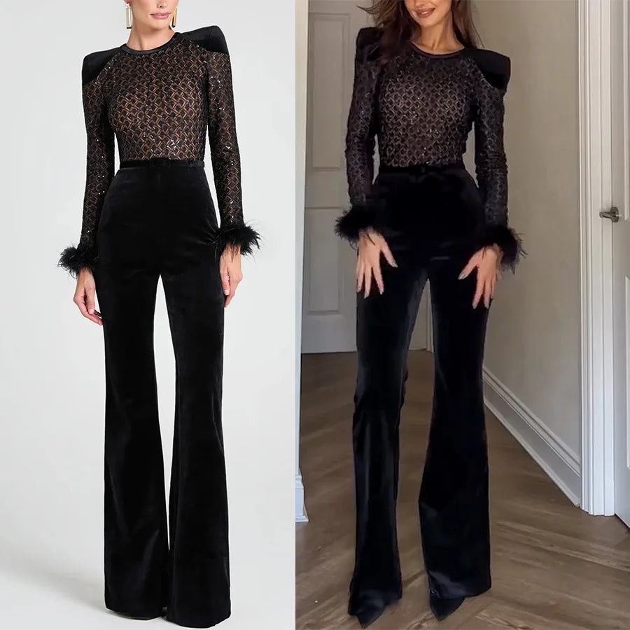 Boutique Wholesale 2025 Autumn New Fashionable Temperament Gold Velvet Splicing Long Sleeved Women's Jumpsuit