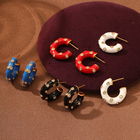 Fashion Diamonds Hoop Earrings Stainless Steel Colorful Enamel Huggie Earrings Pvd Statement Chunky CC Earrings