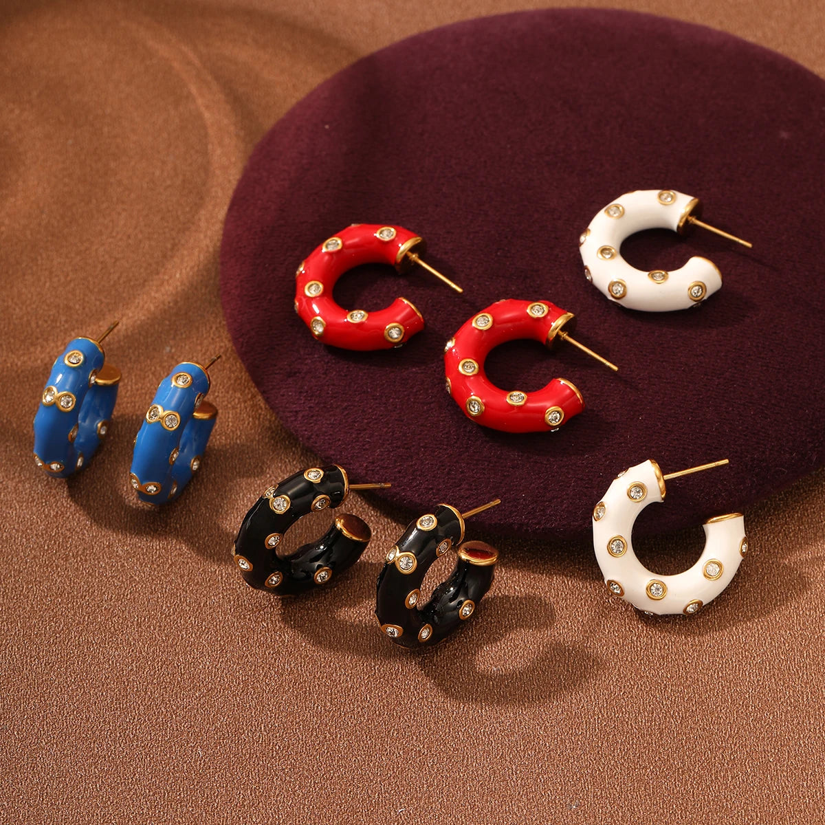 Fashion Diamonds Hoop Earrings Stainless Steel Colorful Enamel Huggie Earrings Pvd Statement Chunky CC Earrings