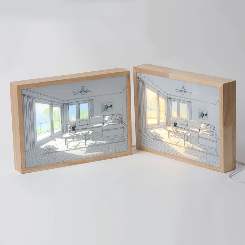 A5 Size Engraved Photo Frames Picture Led Light Paintings 3D Tabletop Art Christmas Theme Home Decor Led Light Bases Wood
