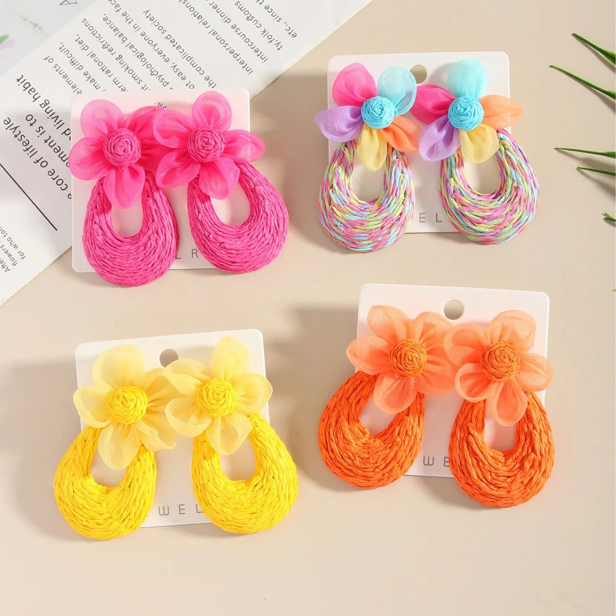 Summer Beach Vacation New Korean Hand Woven Lafite Grass Mesh Flower Earrings  for Women  Girl