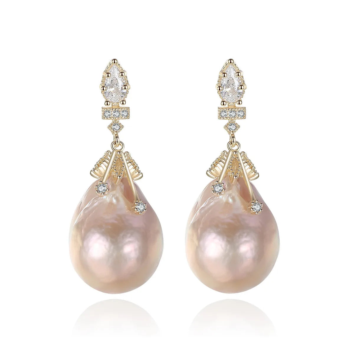 AIJIER Zircon Pink Baroque Shape AAA Grade Freshwater Pearl Gold Plated 925 Sterling Silver Stud Earrings