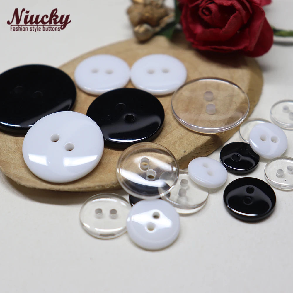 9mm-30mm 2-Hole Double Bread Resin Buttons with Sequins Washable Black/White/Transparent for Clothing Sewing