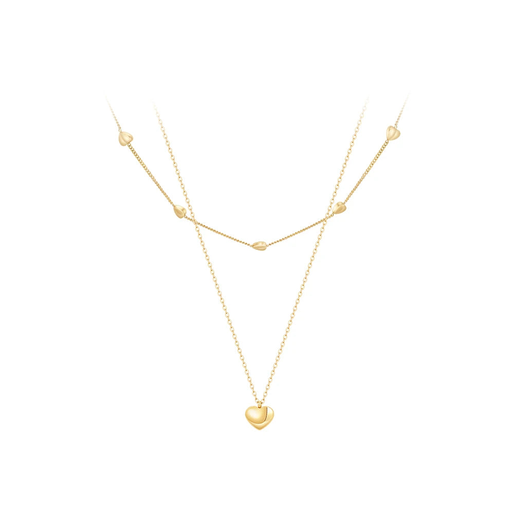 18K Gold Plated Stainless Steel Jewelry Double Layered Small Heart Chain Choker Heart Pendant for Women Necklace P243434