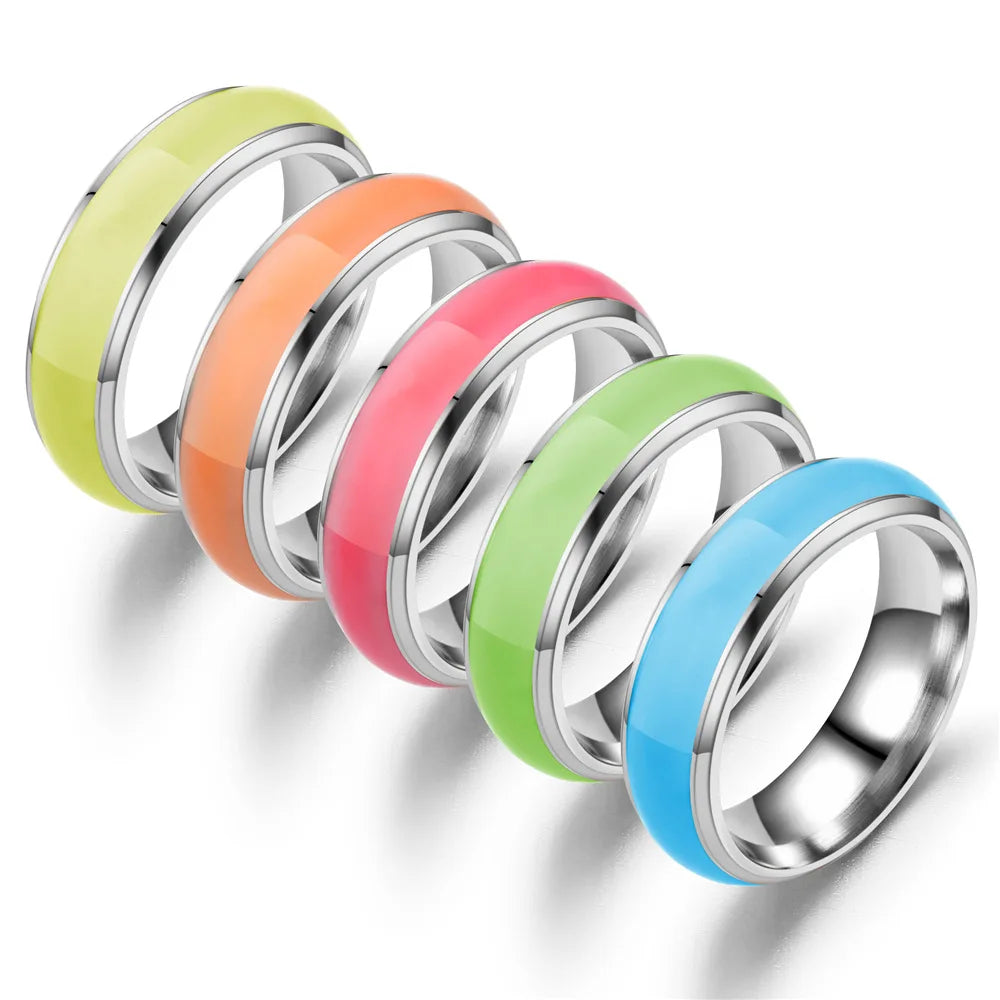 6mm New Style Fashion Colored Rings Trendy Stainless Steel Rings Korean Silver Luminous Rings for Girls