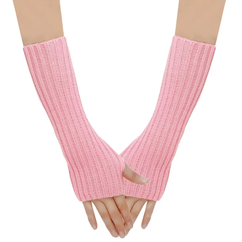 MIO 22 Colors Acrylic Knitted Long Fingerless Gloves Winter Warm 30cm Length Stretchy Elbow Arm Gloves Mittens for Men Women